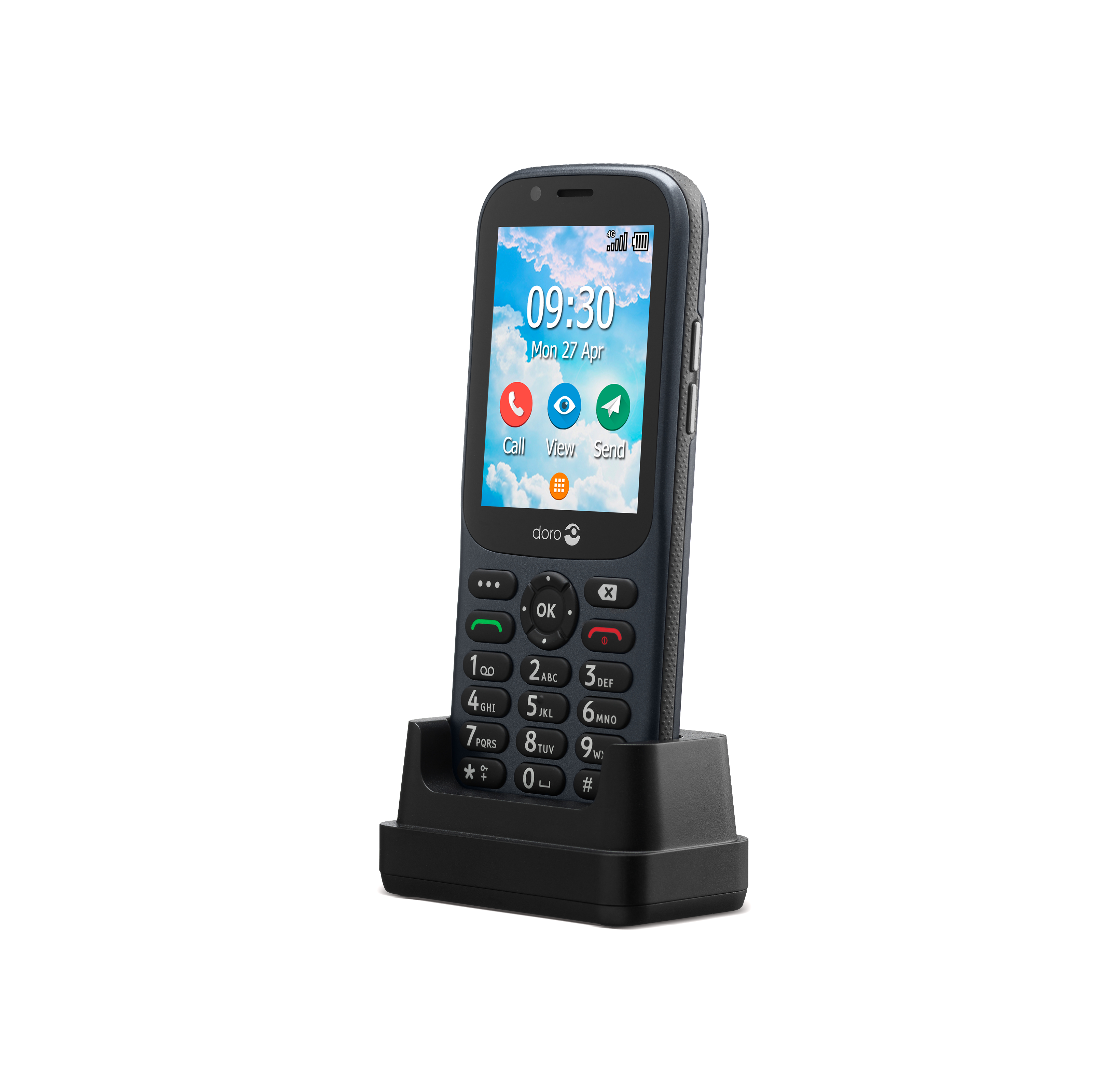 Ein schwarzes Doro-Telefon mit Ladestation. Der Bildschirm zeigt Zeit und Symbole.