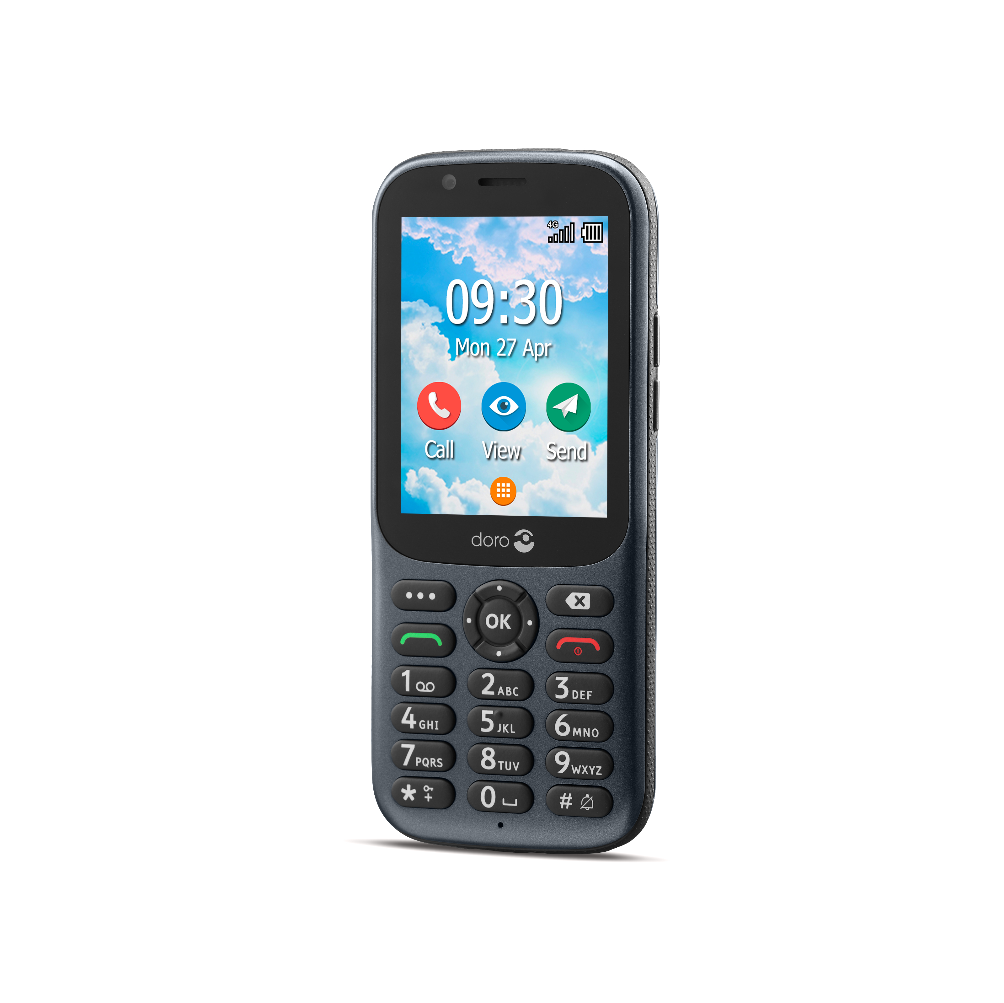 Ein dunkelgraues Doro-Telefon mit Bildschirm, der Zeit und Symbole anzeigt, auf Weiß.