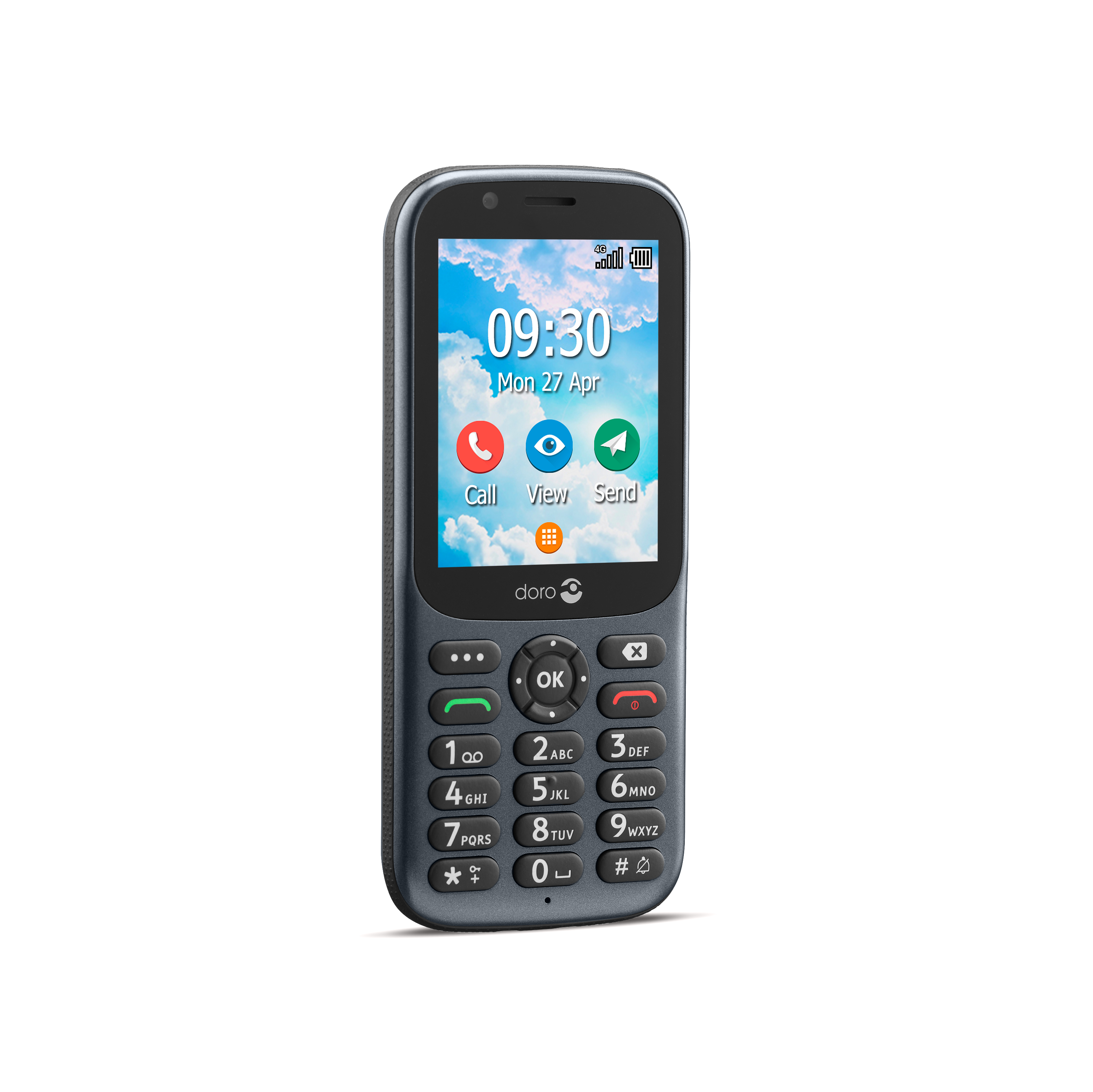 Ein dunkelgraues Doro-Mobiltelefon mit großen Tasten und einem Bildschirm, der Zeit und Datum anzeigt.