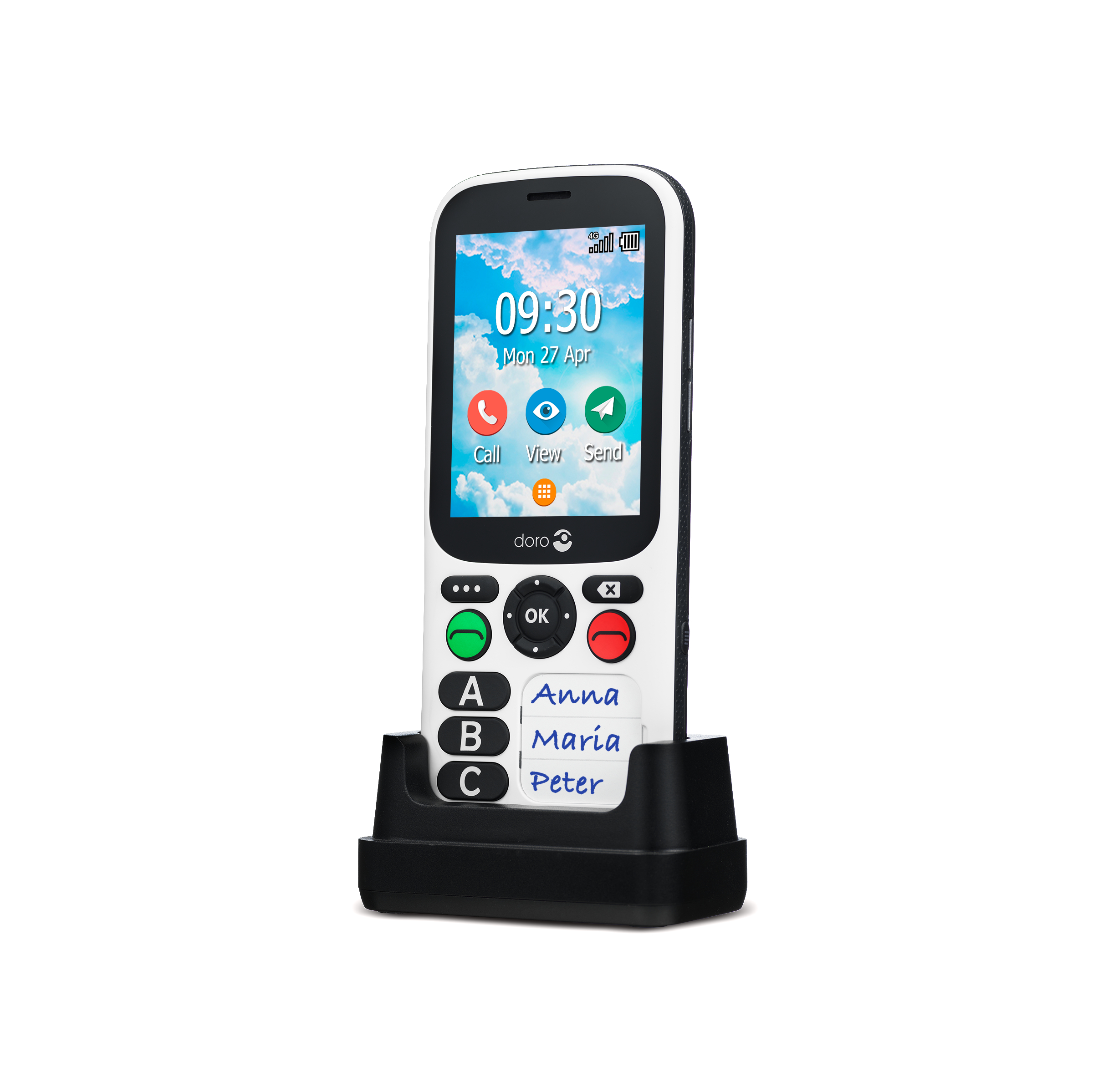 Weißes und schwarzes Doro-Telefon auf einem Ständer. Der Bildschirm zeigt Zeit, Kontakte und Anrufoptionen. Weißer Hintergrund.