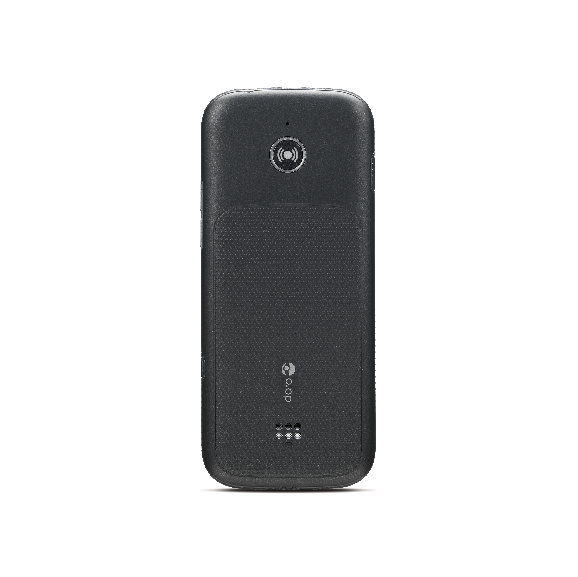 Schwarzes Doro-Telefon, Rückansicht. Mit strukturierter Oberfläche und Kameraobjektiv.