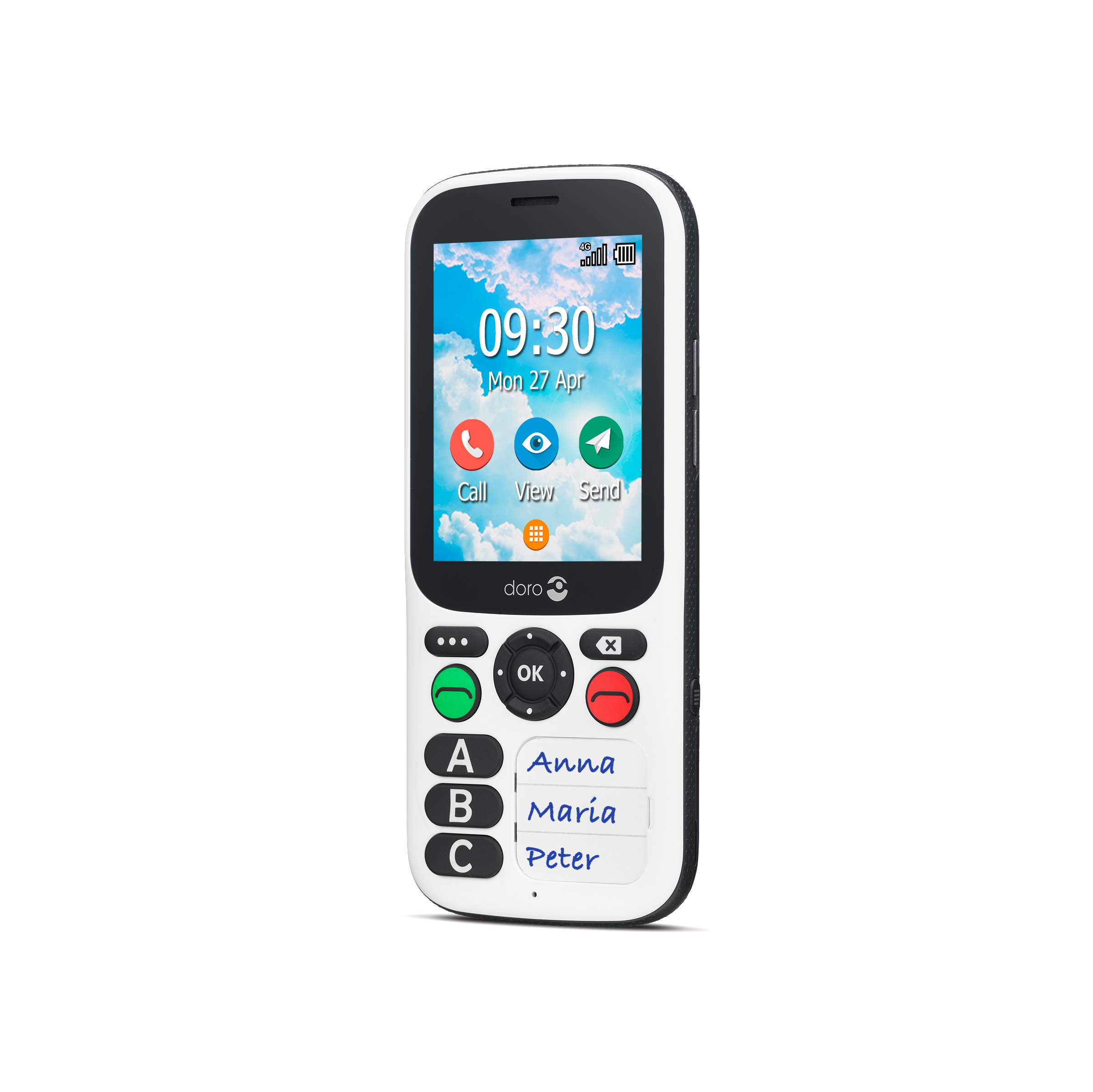 Ein weißes und schwarzes Doro-Telefon mit einem Bildschirm, der die Uhrzeit und Kontaktoptionen anzeigt.
