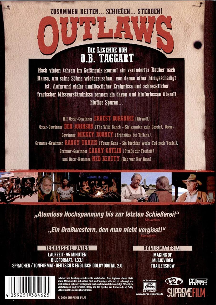 Rückseite der DVD-Hülle für "Outlaws" mit Text auf Deutsch und Bildern.