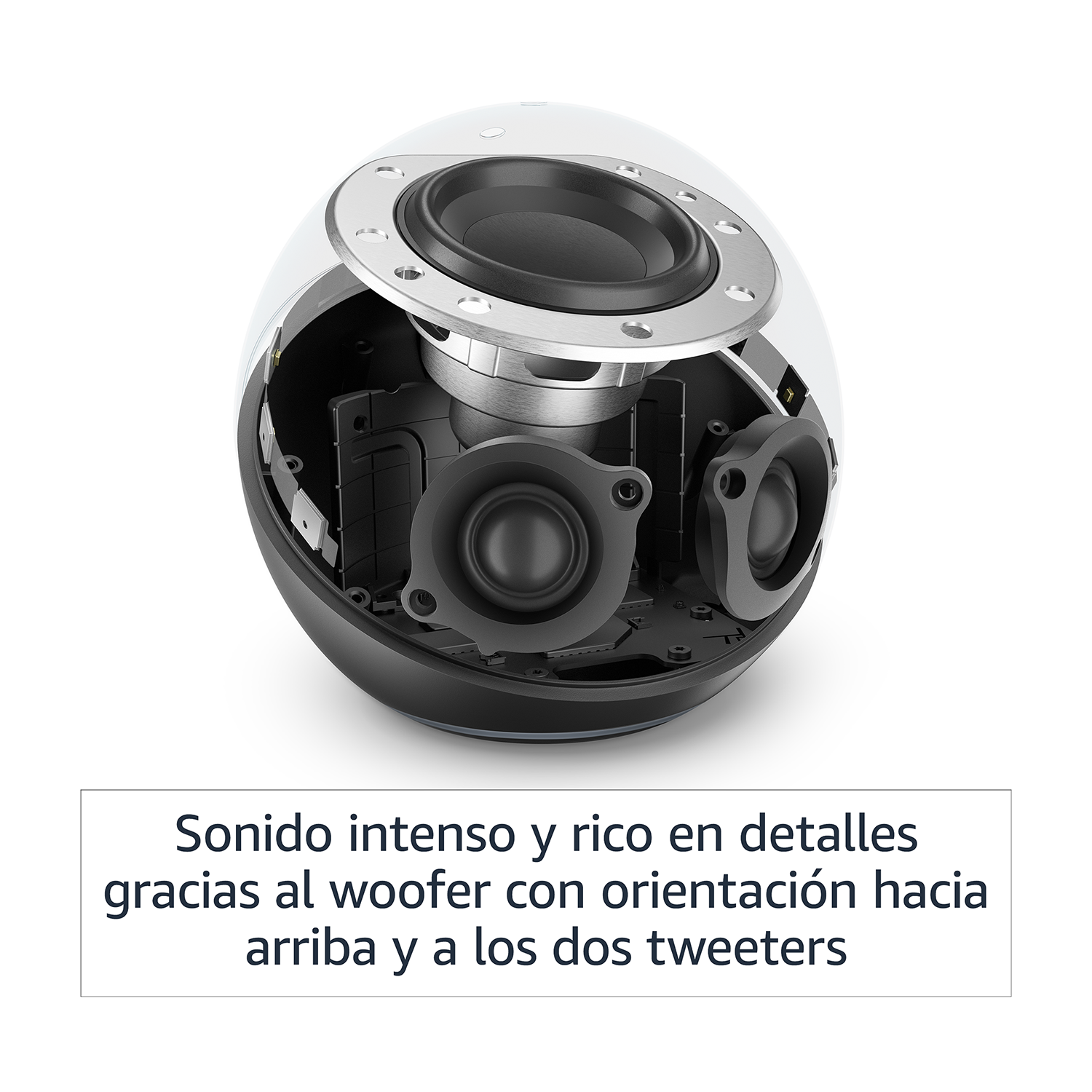 Un altavoz blanco y negro con componentes internos expuestos.