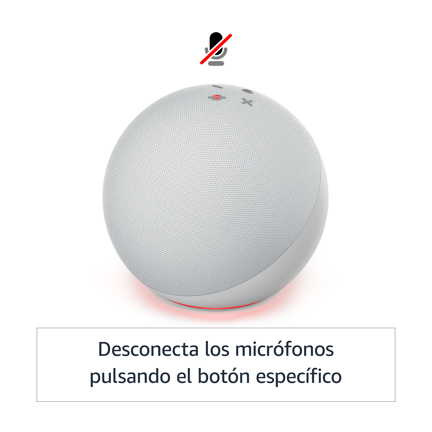 Un altavoz inteligente blanco con una luz roja y un símbolo de silencio de micrófono.