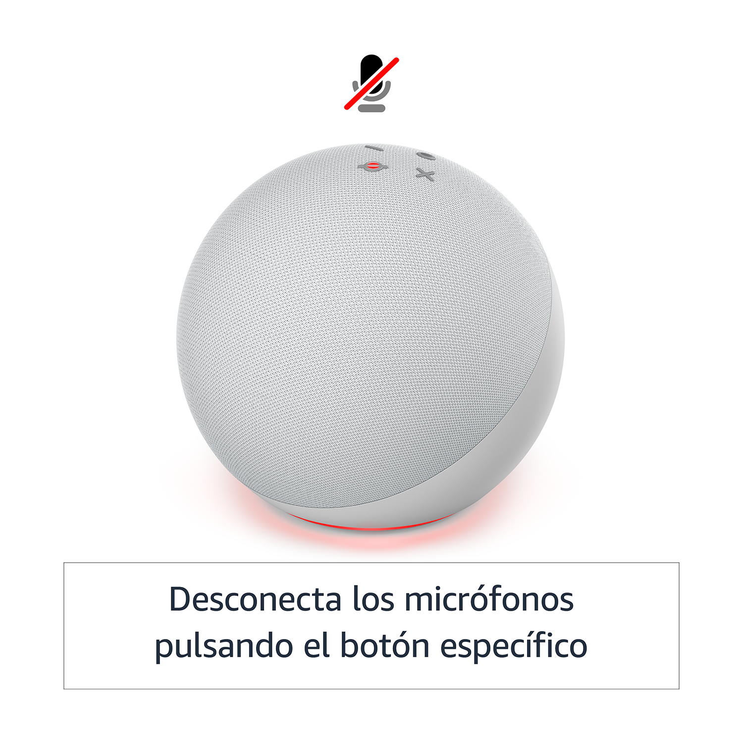 Altavoz inteligente blanco con símbolo de micrófono tachado, texto indica desconectar micrófonos.