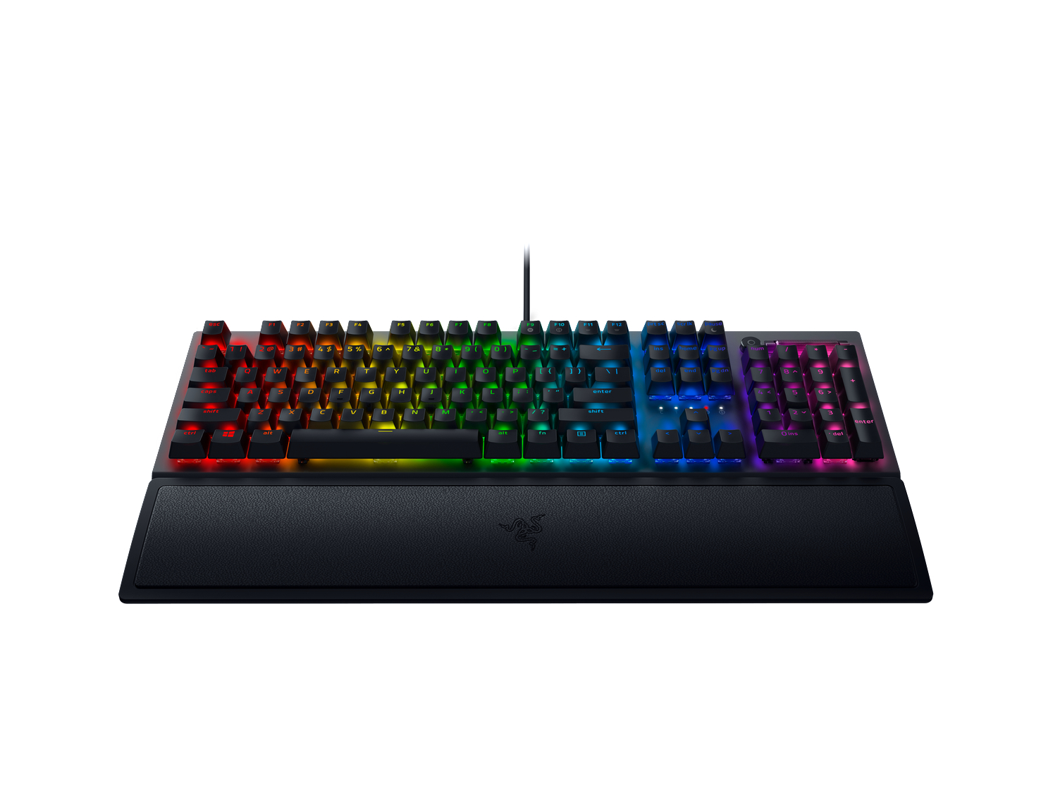 Schwarze Razer-Tastatur mit regenbogenfarbenen Tasten. Enthält eine Handgelenkauflage und einen Nummernblock.