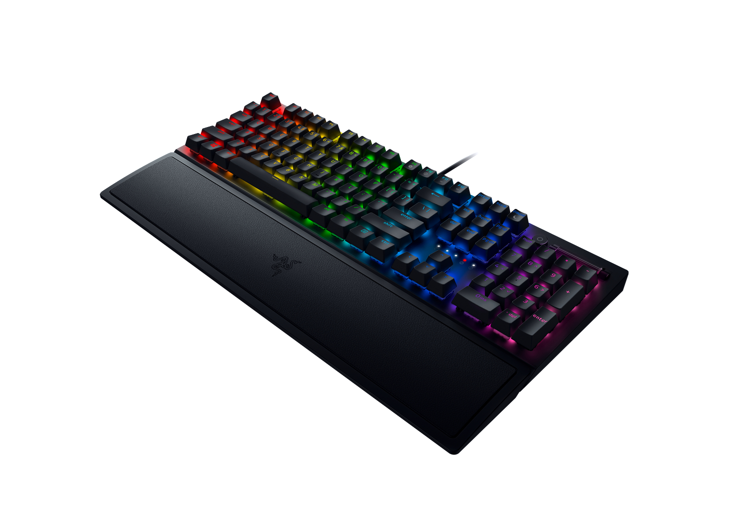 Schwarze Razer-Tastatur mit Regenbogen-LED-Tasten. Sie hat eine Handballenauflage und ein Razer-Logo. Weißer Hintergrund.