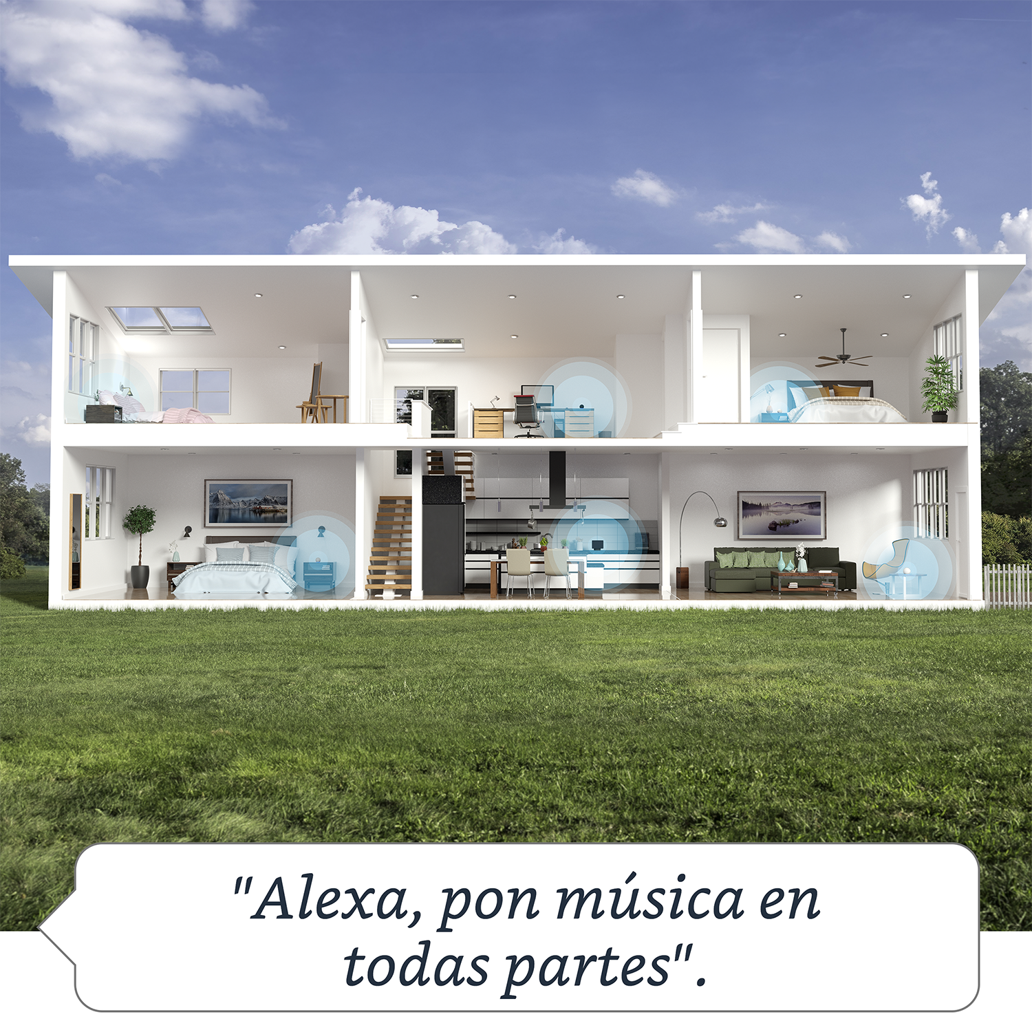 Sección transversal de casa mostrando habitaciones y burbuja de texto en español.
