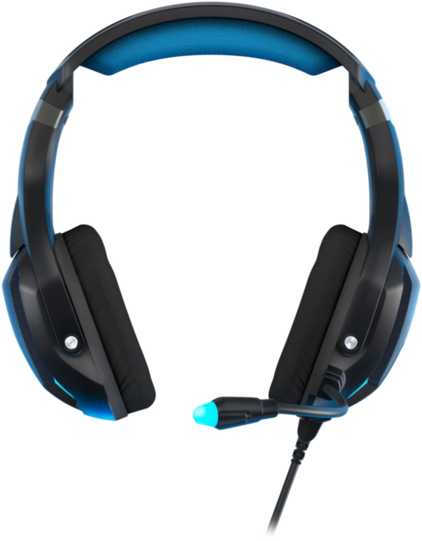 Egy fekete és kék gamer fejhallgató mikrofonnal.