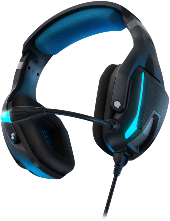 Fekete-kék gamer headset mikrofonnal fehér háttérrel.