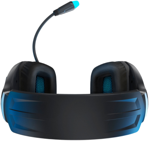 Fekete és kék gamer fejhallgató mikrofonnal. A mikrofon kék heggyel rendelkezik.