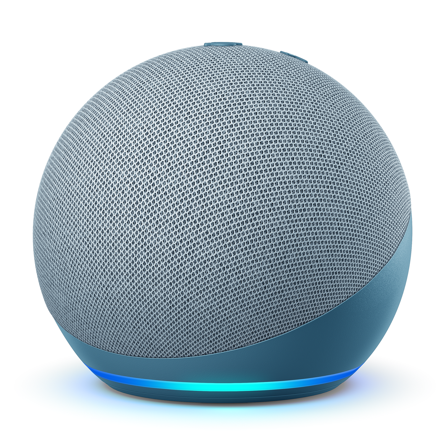Altavoz inteligente esférico azul y gris con luz azul en la base.