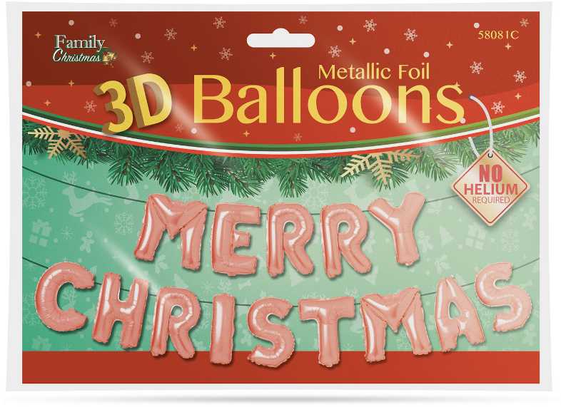 Egy csomag rózsaszín metál 3D-s lufi Merry Christmas formában.