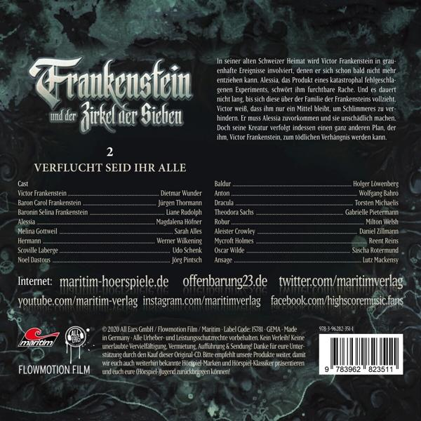 Rückseite einer DVD-Hülle mit Text über 'Frankenstein und der Zirkel der Sieben'.