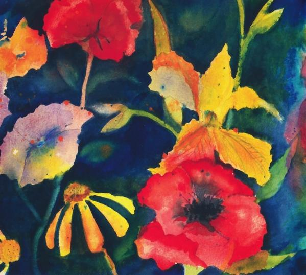 Nahaufnahme eines Aquarellgemäldes mit bunten Blumen.