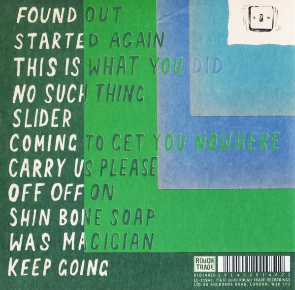 Albumcover mit Songtiteln in Weiß auf Grün und Blau.