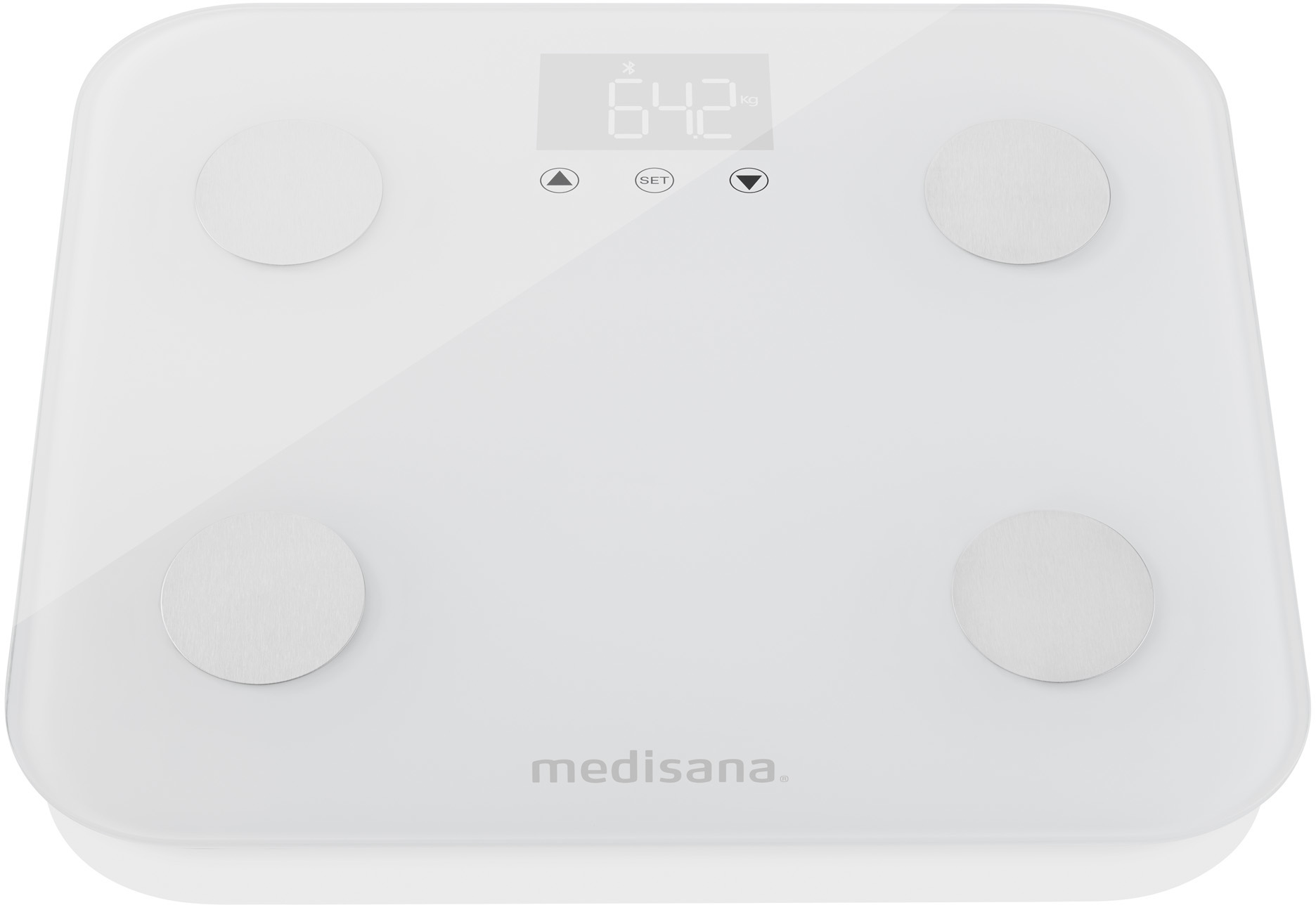 Witte digitale weegschaal met vier zilveren cirkels. Het display toont het gewicht 64,2 kg.