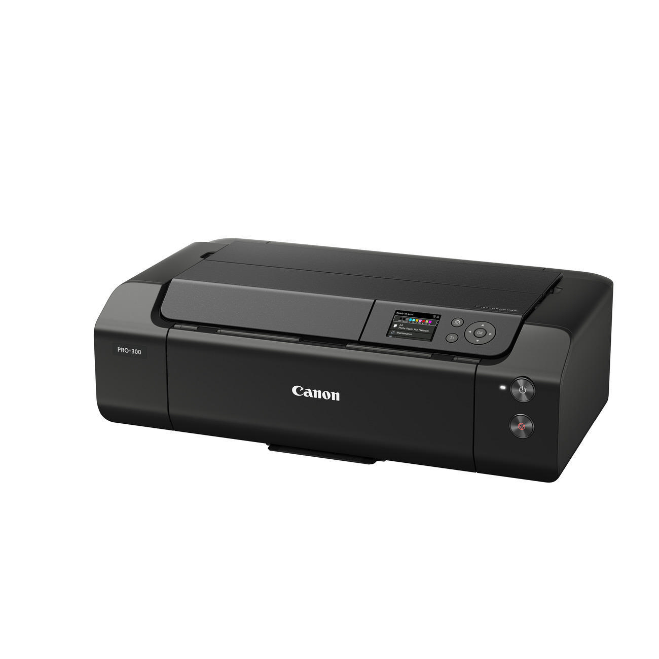 Schwarzer Canon PRO-300 Drucker auf weißem Hintergrund. Canon-Logo sichtbar.