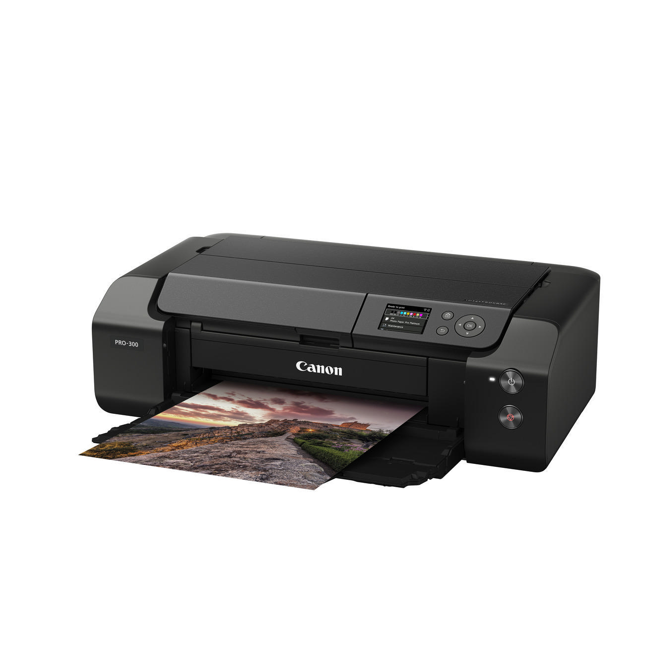 Schwarzer Canon-Drucker, der ein Landschaftsfoto druckt. Der Drucker steht auf weißem Grund und ist angewinkelt.