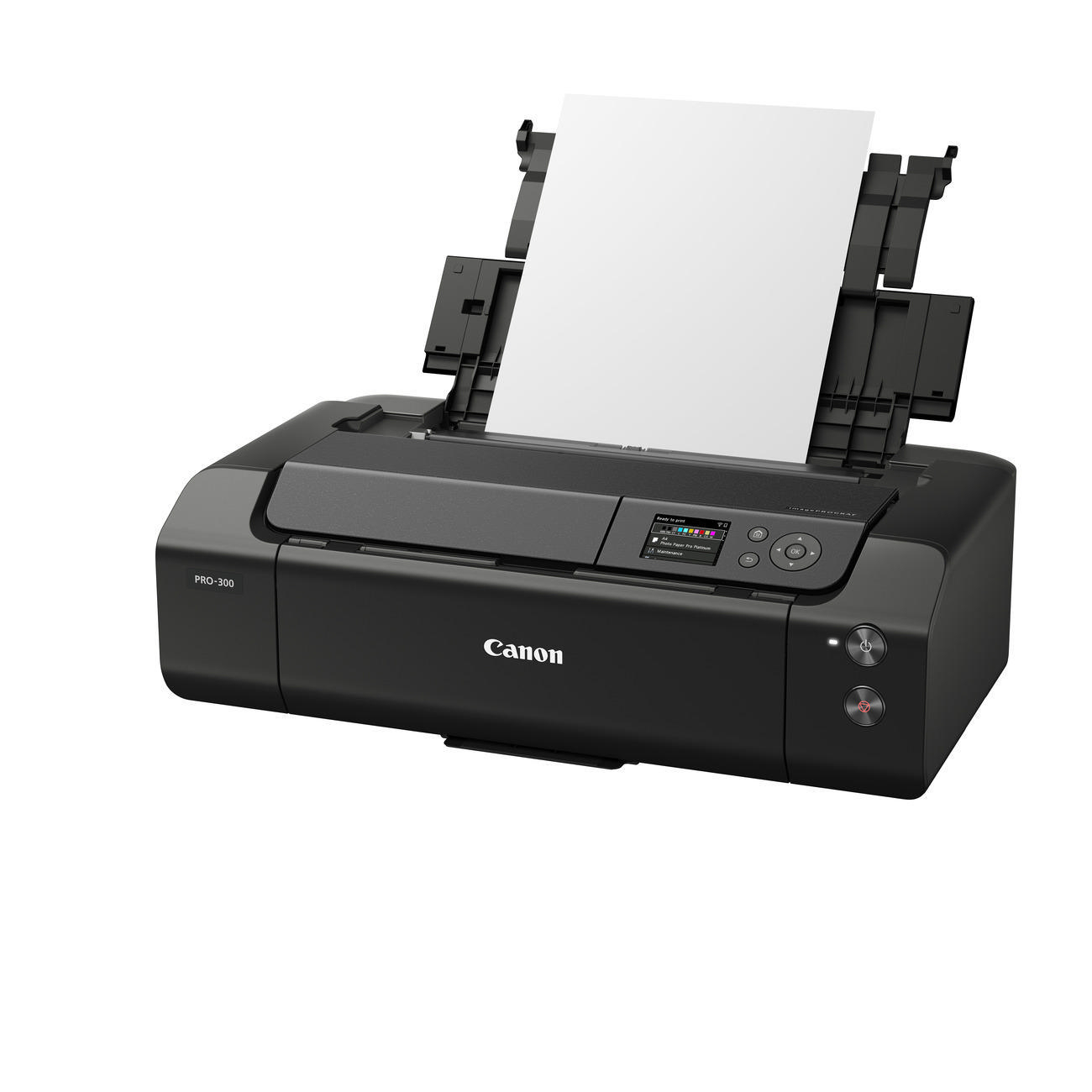 Schwarzer Canon-Drucker mit offenem Papierfach, weißer Hintergrund.
