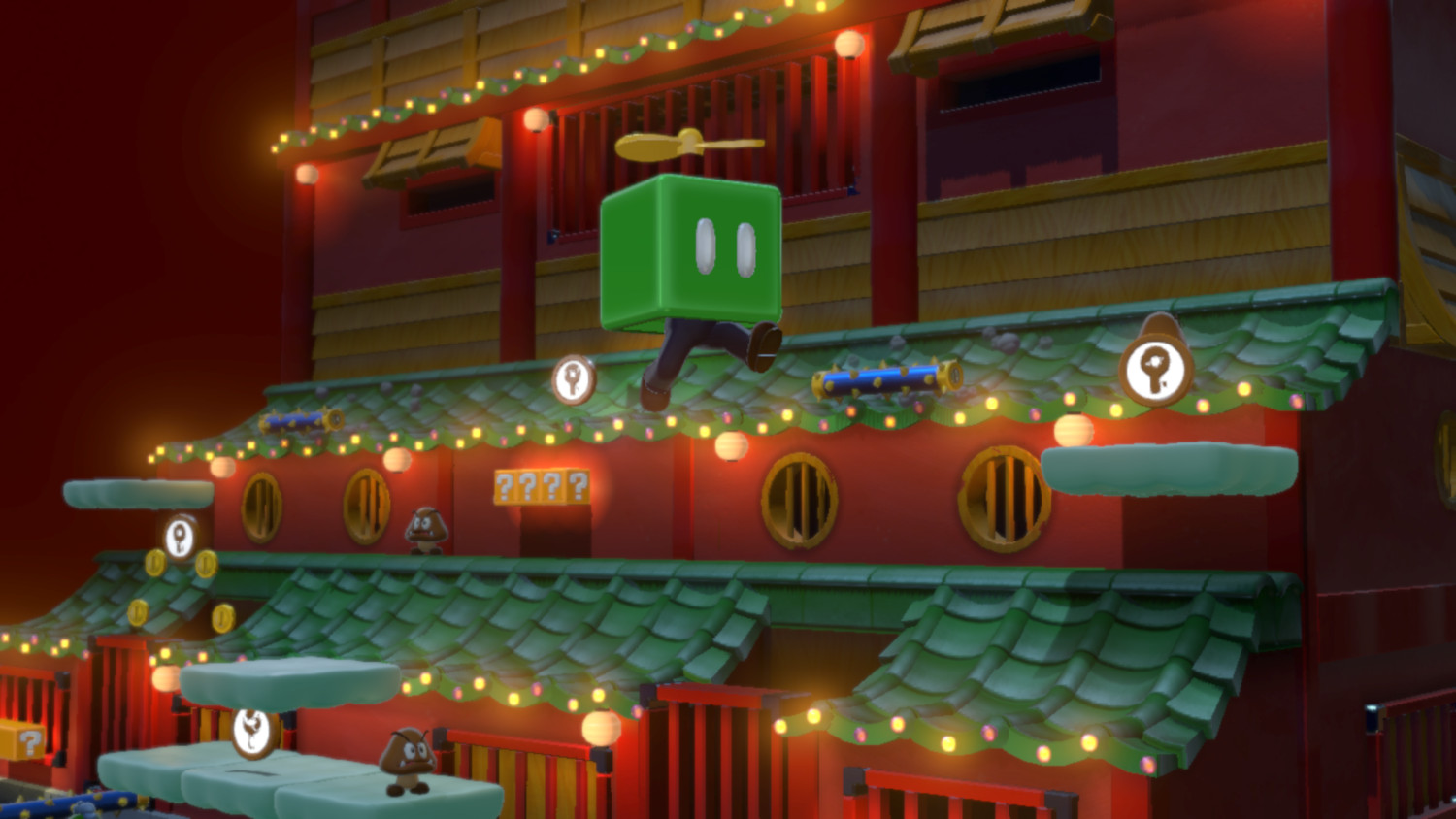 Videogame scène met een groen blok karakter dat rent op een gebouw met lichten en platformen.