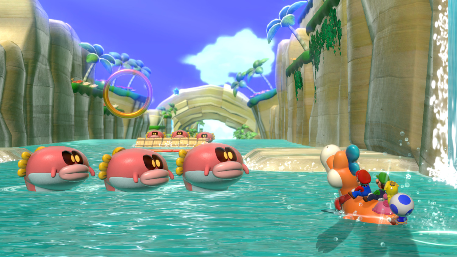 Een videogame-scène met personages op een vaartuig, roze wezens in het water.