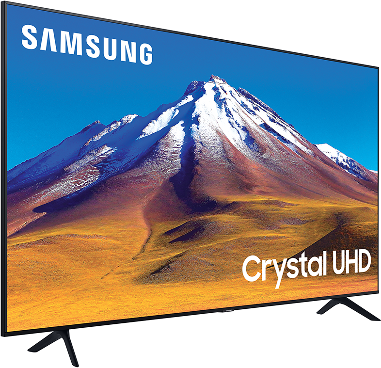Samsung TV hegyvidéki tájjal. A 'Crystal UHD' felirat látható.