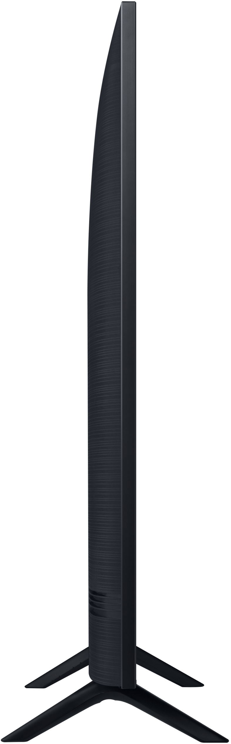 Fekete Samsung TV oldalsó nézete állványon. A képernyő látható, letisztult designnal.