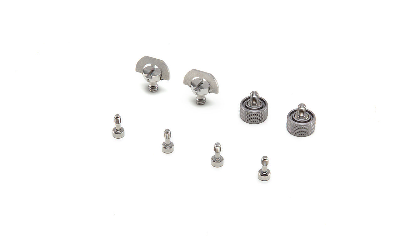 Mehrere silberne Schrauben sind auf weißem Hintergrund angeordnet. Einige haben runde Köpfe, andere flügelförmige Köpfe. Alle sind aus Metall.