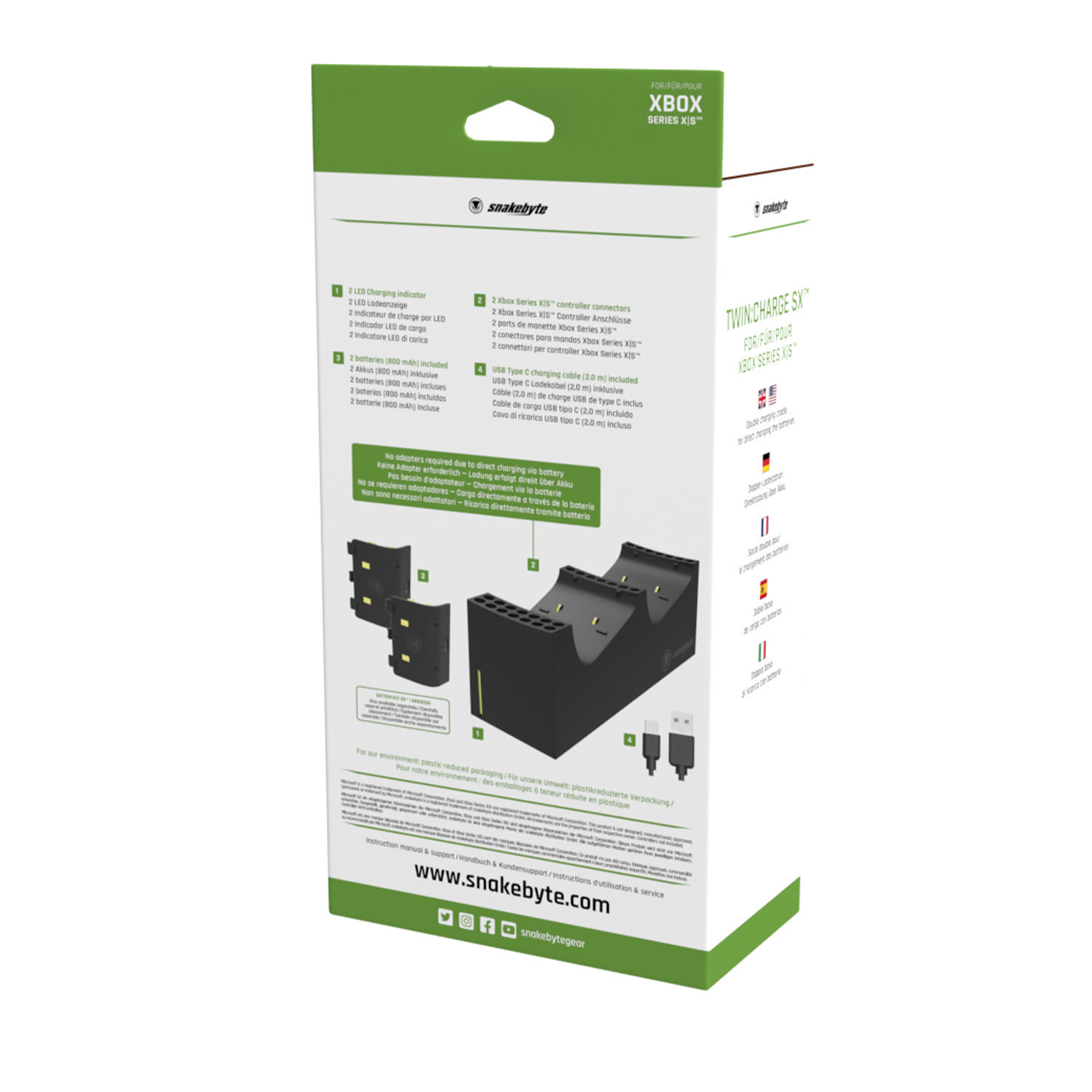 Rückseite einer Xbox Series X Controller-Ladegerätbox mit Anweisungen und Bildern.