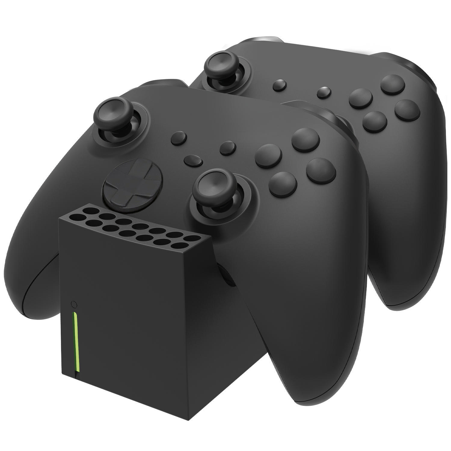 Zwei schwarze Gamecontroller und eine Ladestation.