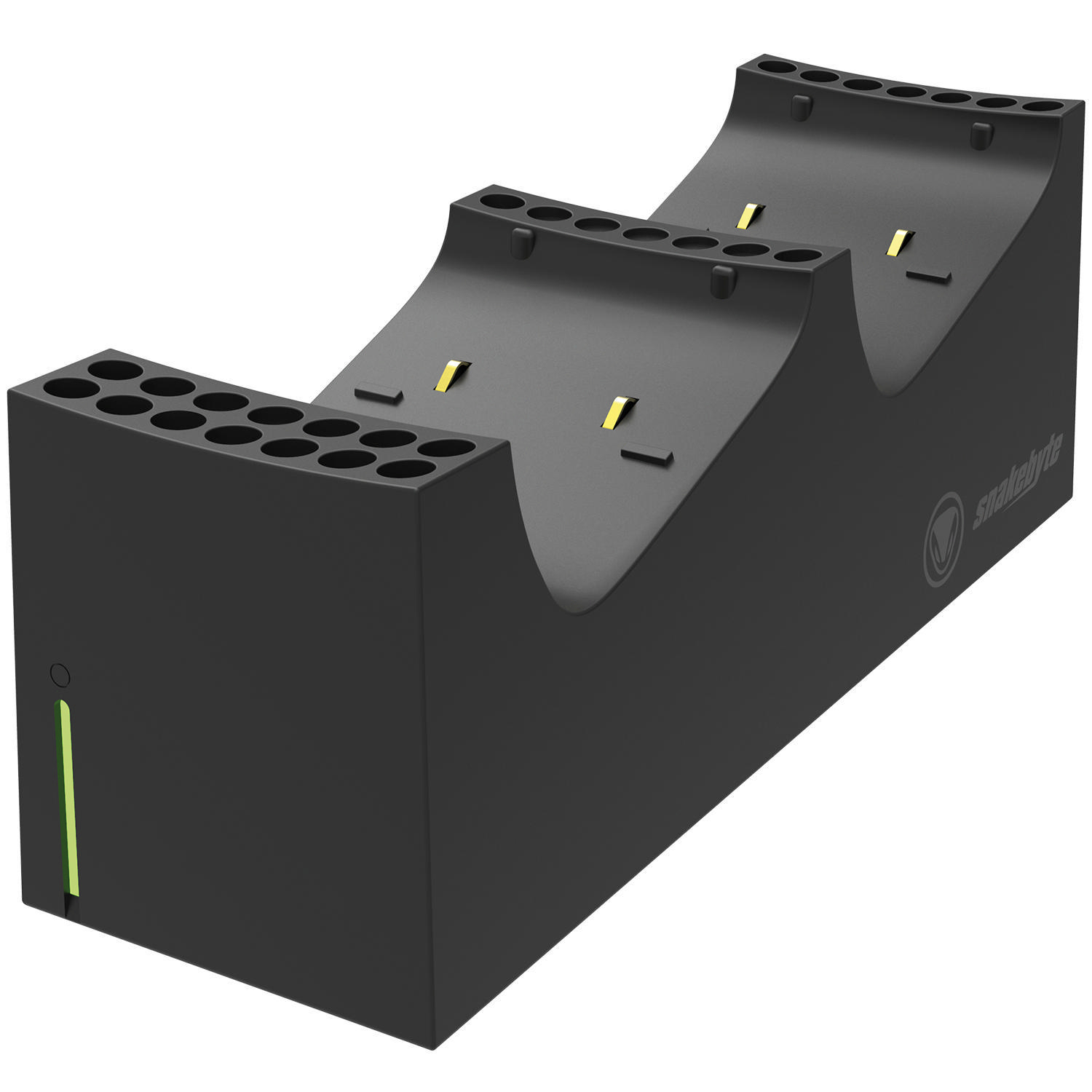 Eine schwarze Ladestation für Gamecontroller. Es hat mehrere Steckplätze und eine grüne Leuchtanzeige.