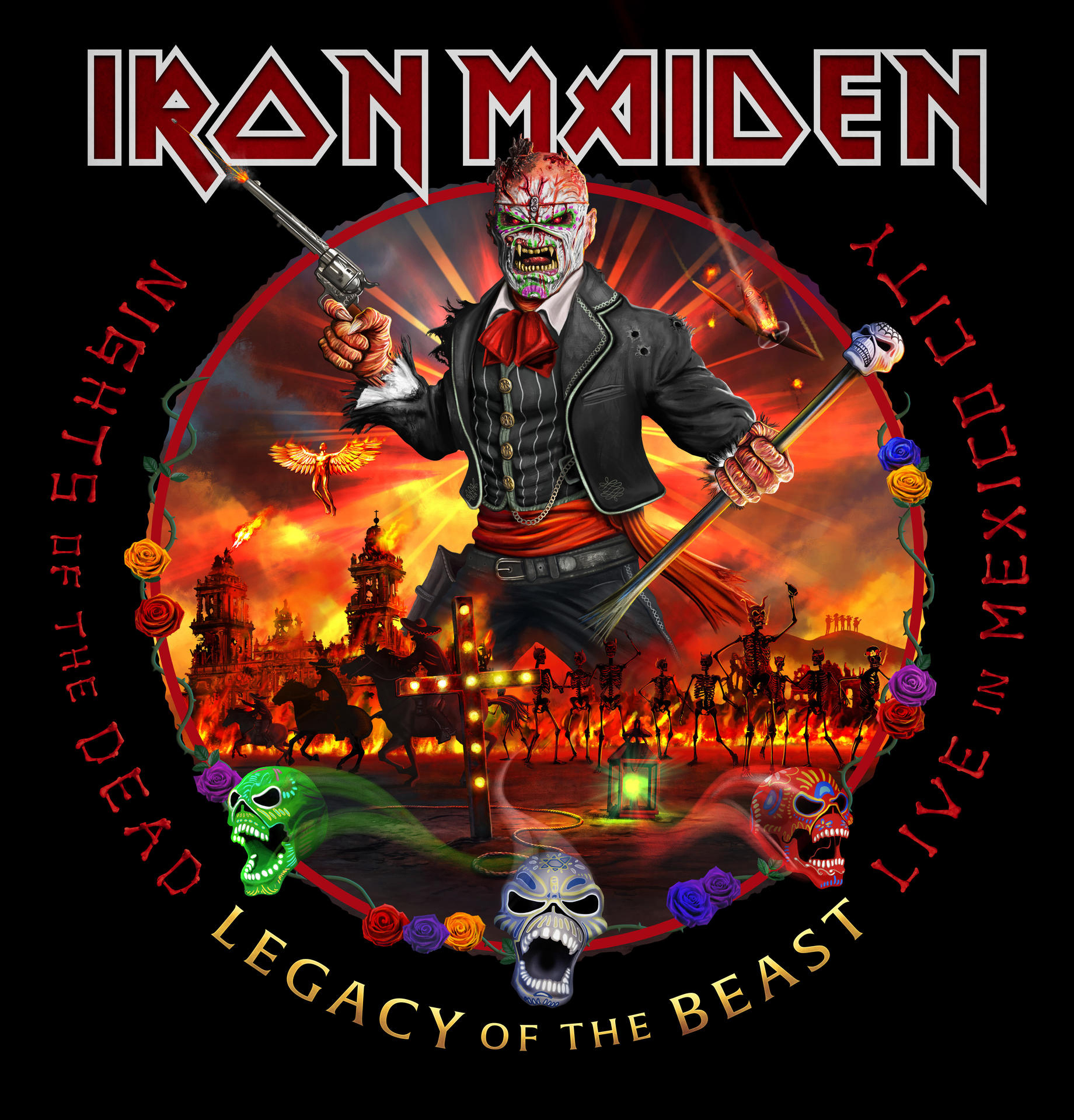 Albumcover mit Skelettfigur mit Pistole. Text: Iron Maiden. Schwarzer Hintergrund.