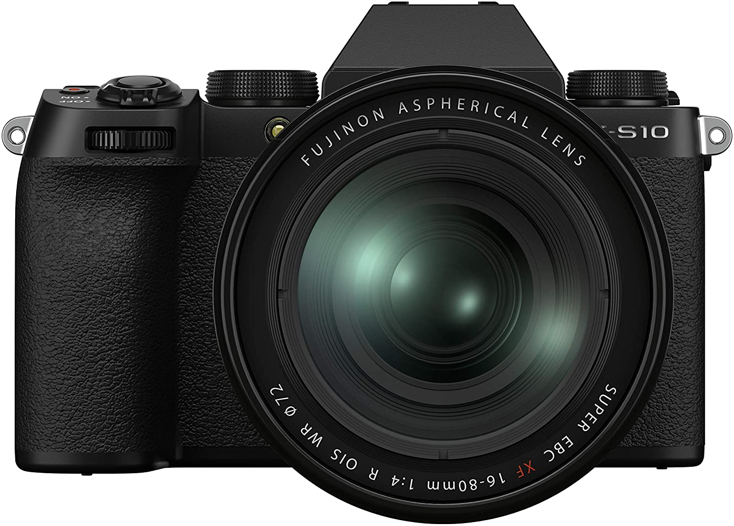 Eine schwarze Kamera mit großem Objektiv. Das Objektiv hat weißen Text, einschließlich 'Fujinon' und '16-80mm'.