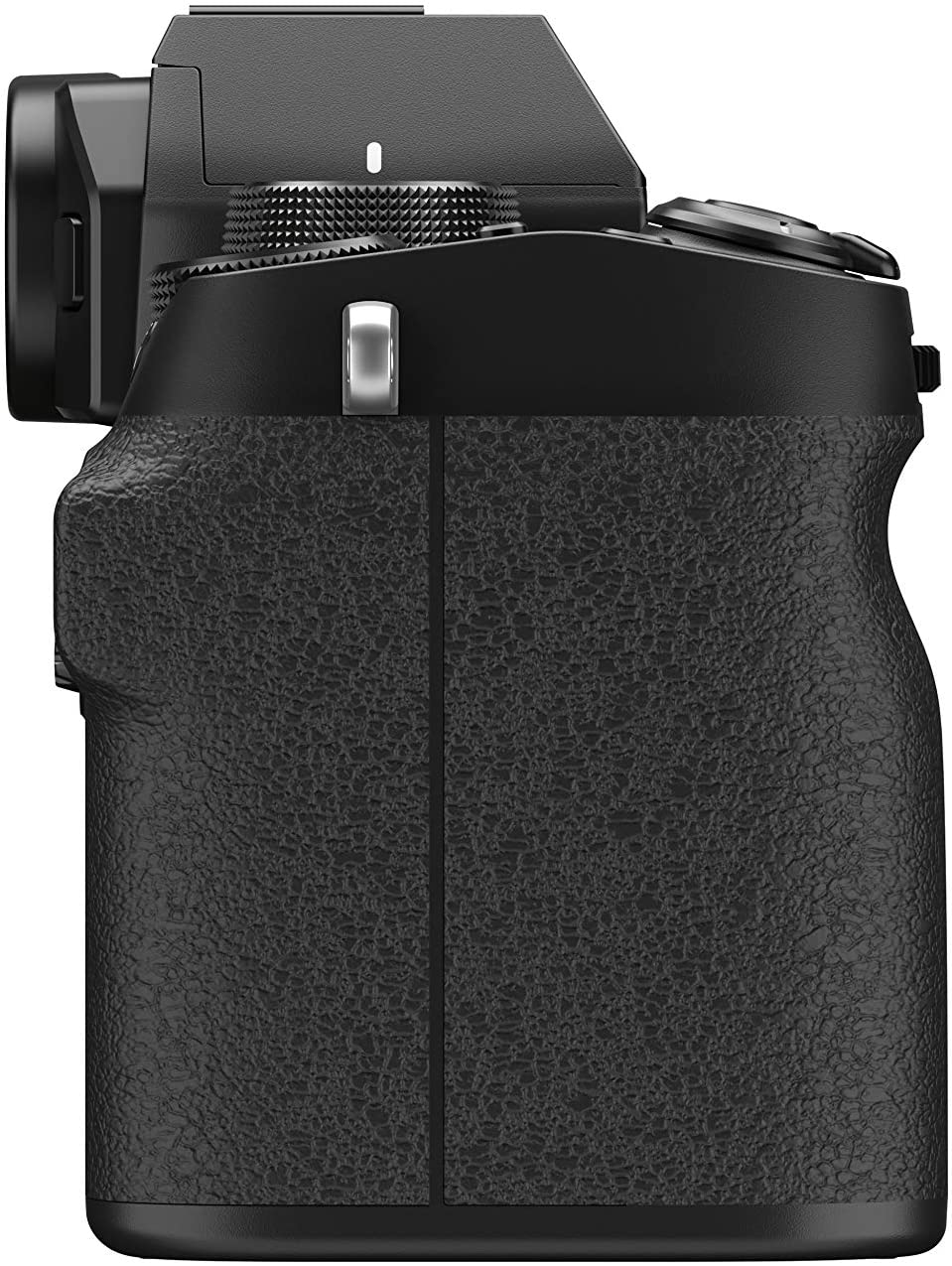 Schwarze Kamera mit strukturierter Griff und Bedienelementen. Seitenansicht.
