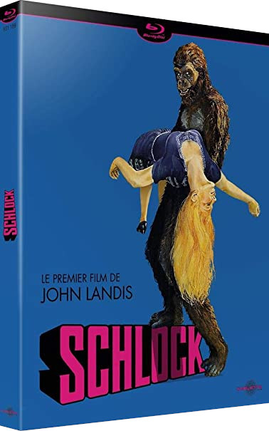 Blu-ray hoes voor 'Schlock', filmcover met een gorilla die een vrouw vasthoudt.