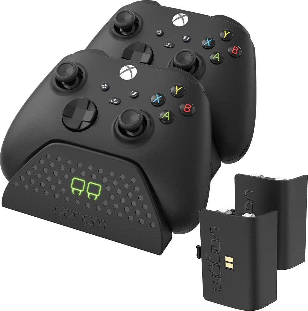 Két fekete Xbox vezérlő egy töltőállomáson, két Venom akkumulátorral.