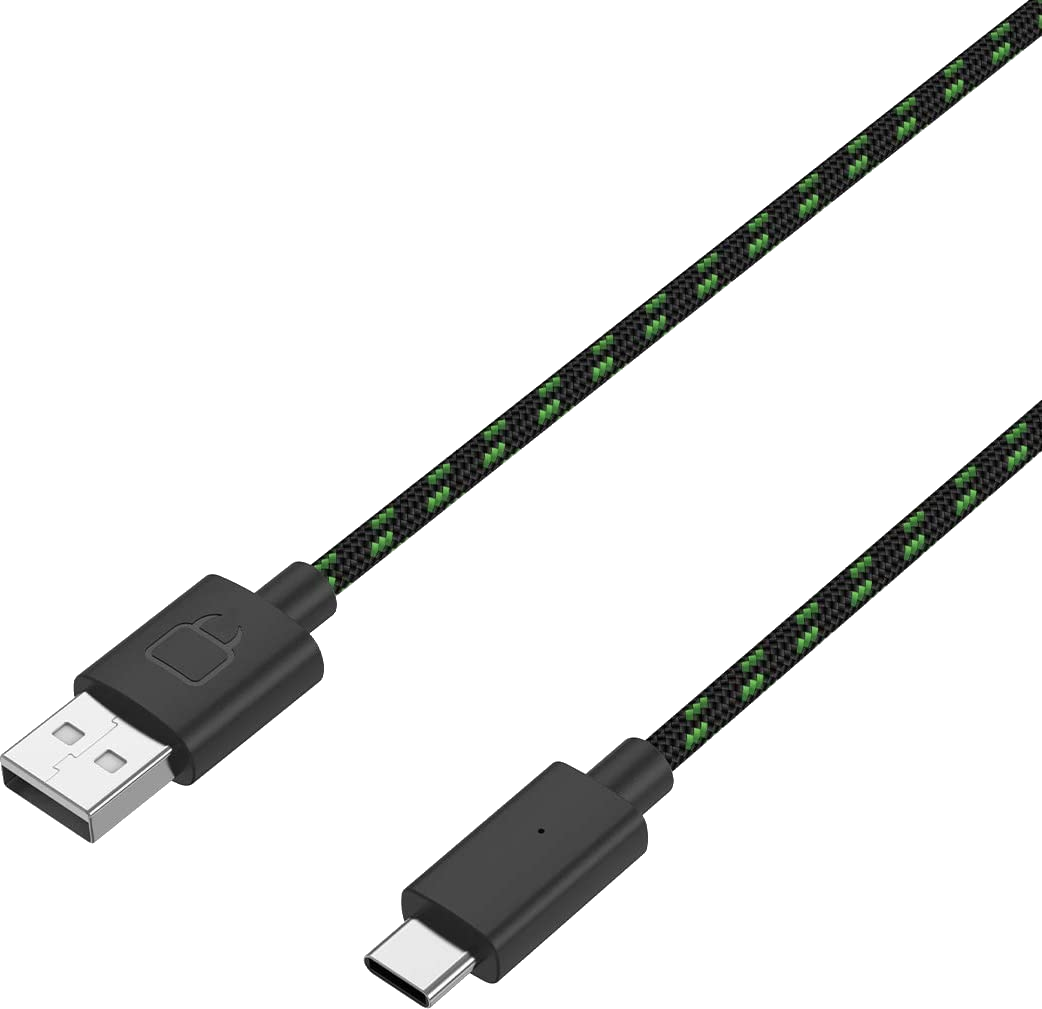 Fonott USB kábel USB és USB-C csatlakozókkal, sötétzöld háttérrel.