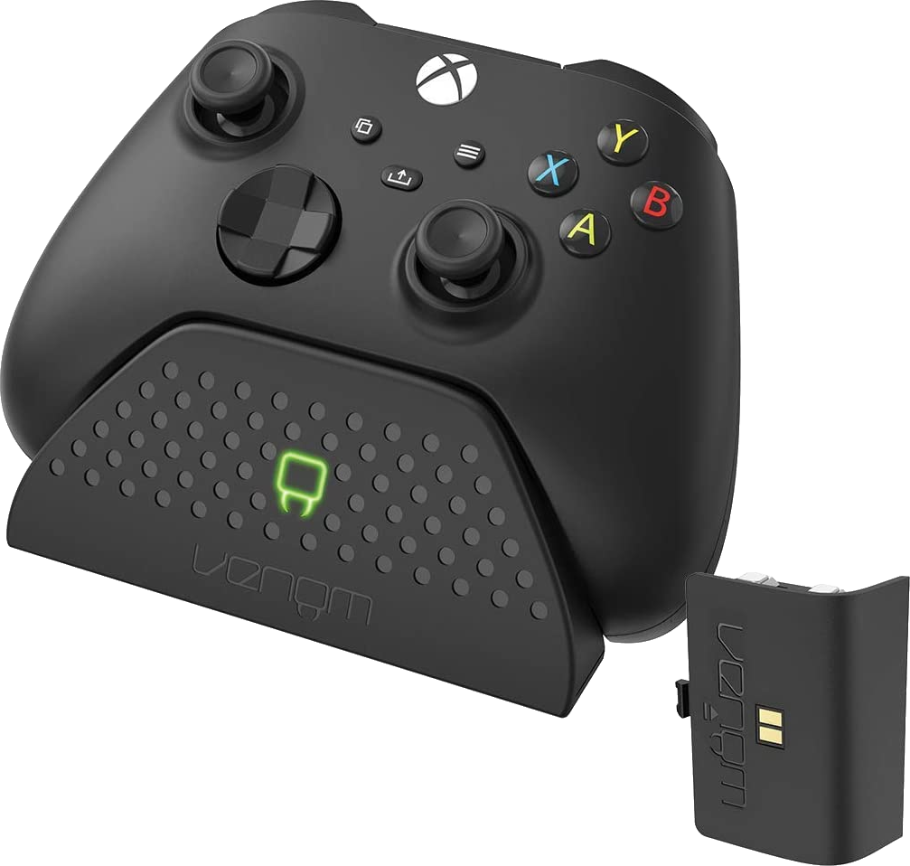 Fekete Xbox kontroller és töltőállomás, akkumulátorral. Fehér háttér.