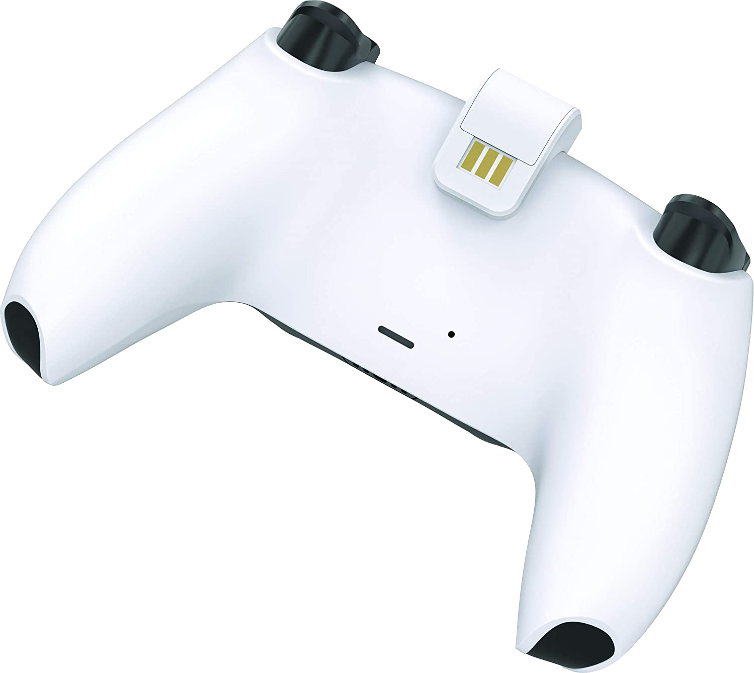 Fehér PlayStation 5 vezérlő fekete hüvelykujjas gombokkal és USB-C töltőporttal.