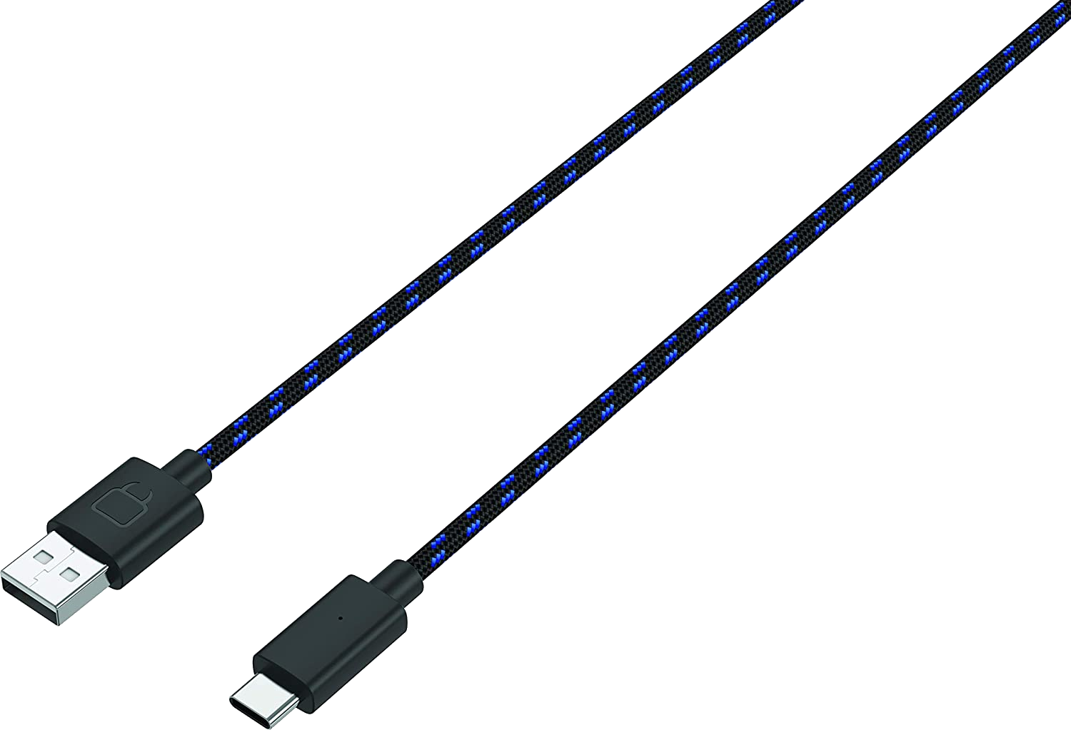 Egy fekete USB kábel kék díszítéssel, USB és USB-C csatlakozóval.