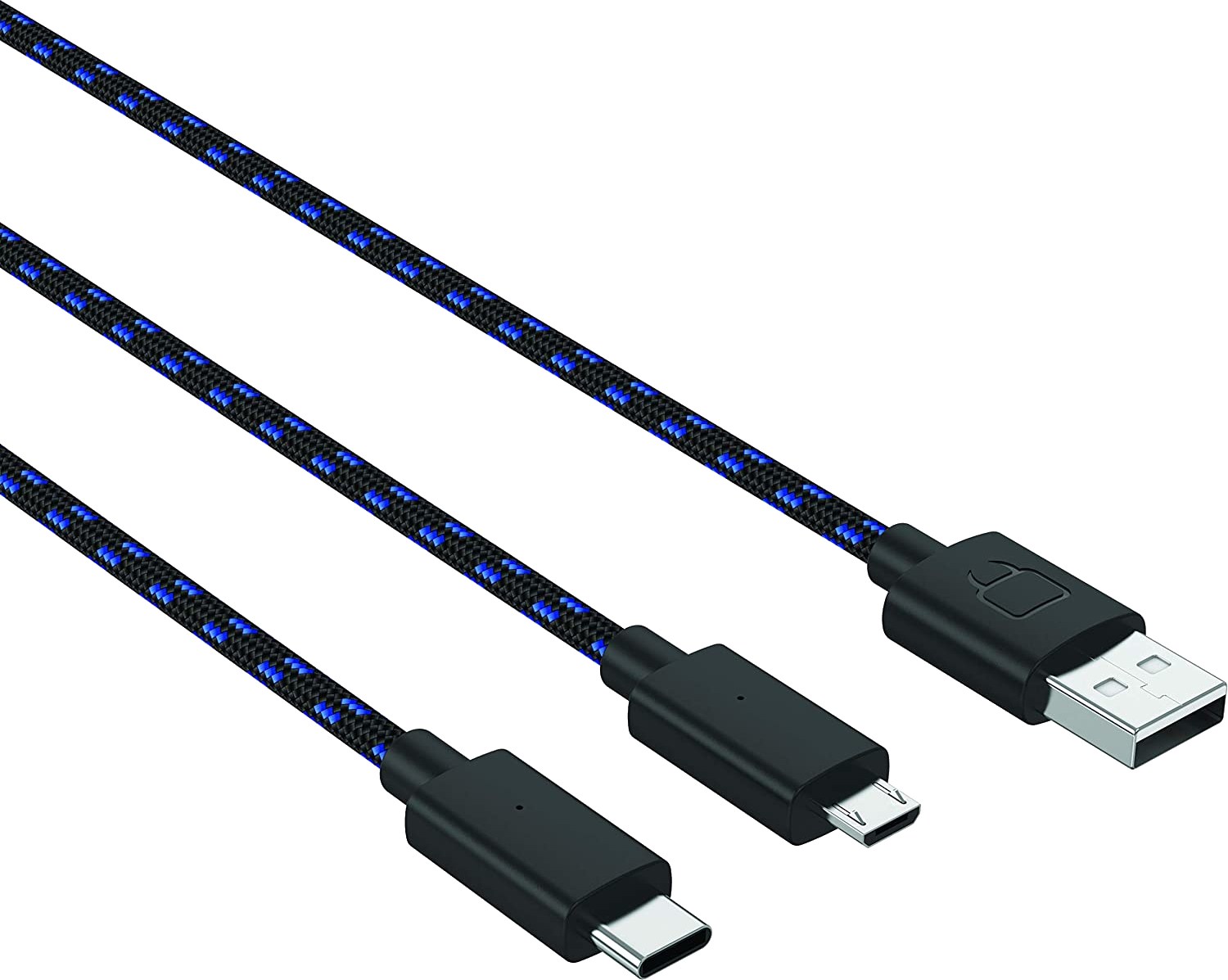Három fonott USB kábel: USB-A, USB-C és Micro-USB, fekete csatlakozók, kék részletek.