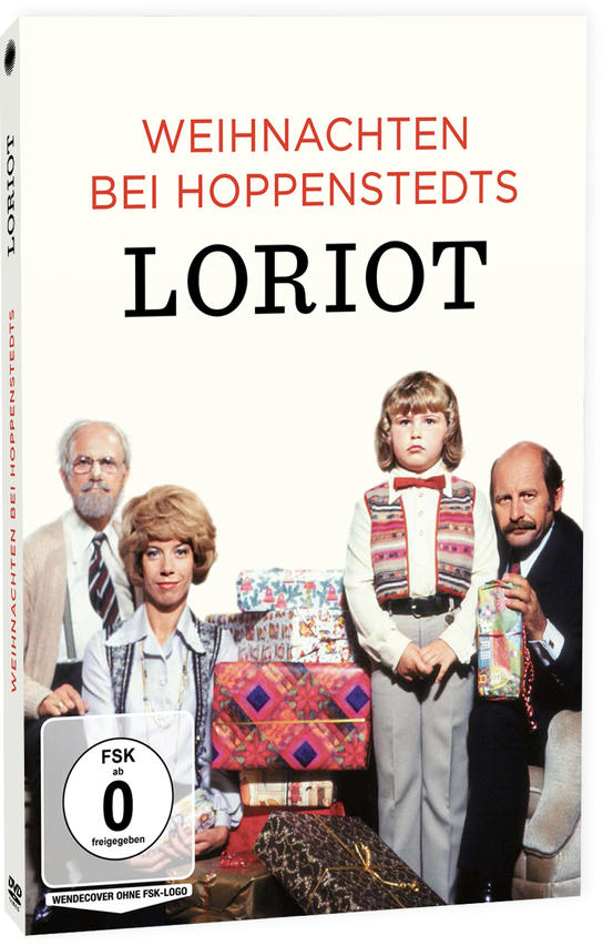 DVD-Cover. Eine Familie posiert mit Geschenken. Der Text lautet 'Weihnachten bei Hoppenstedts' und 'Loriot'.