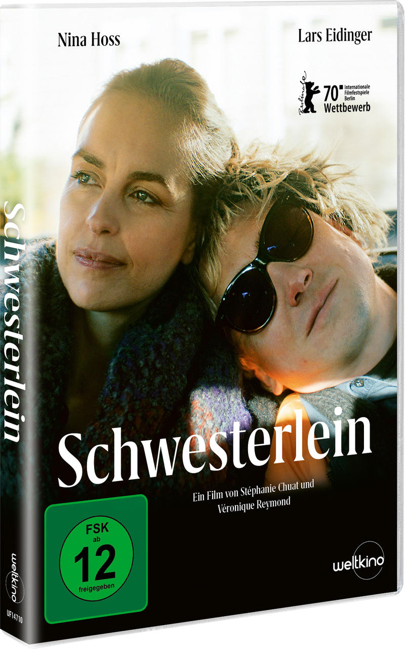DVD-Cover eines Films mit zwei Personen, mit dem weißen Titel 'Schwesterlein'.