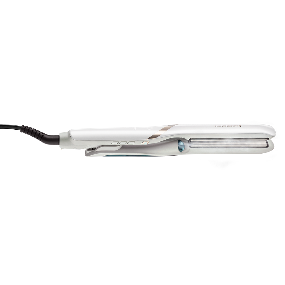 White hair straightener with a black cord. The device has a sleek design with blue accents.