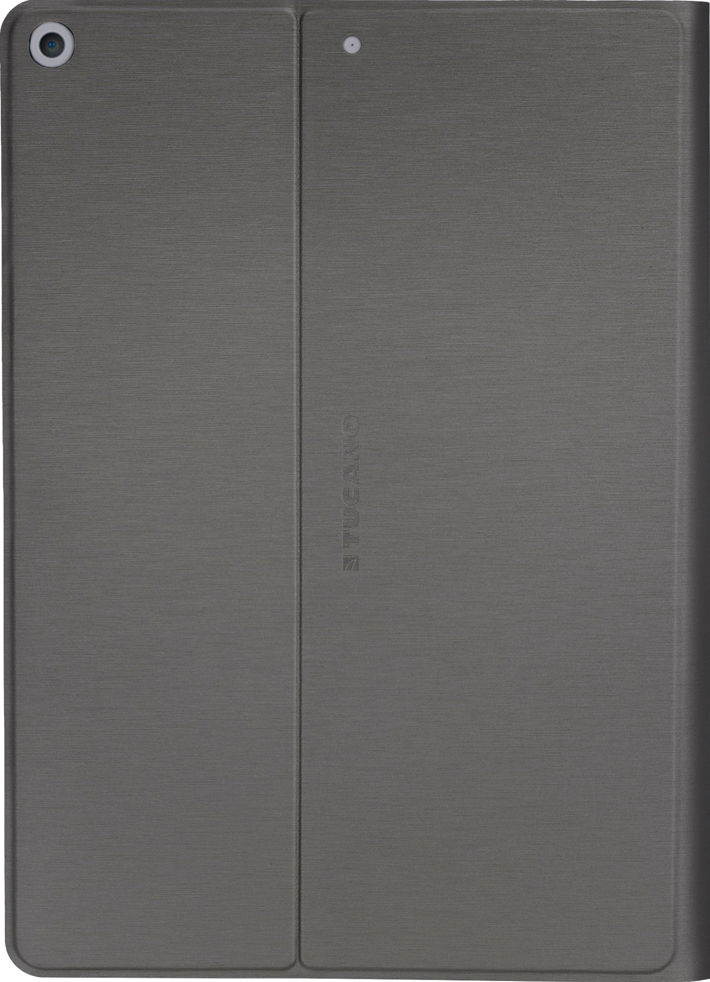 Eine graue Tablet-Hülle, geschlossen, mit einem Frontkameraobjektiv.
