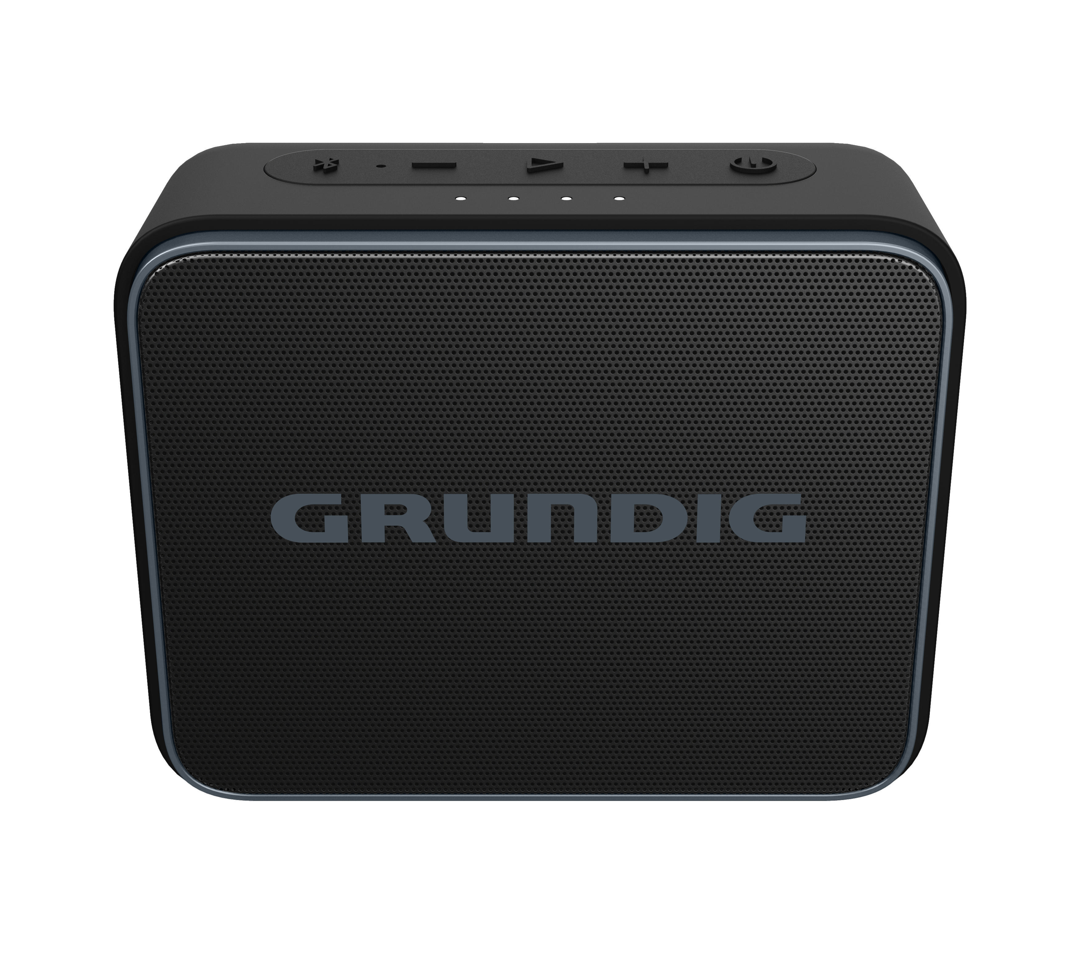 Ein schwarzer Grundig-Lautsprecher mit einem dunkelgrauen Lautsprechergrill auf weißem Hintergrund.