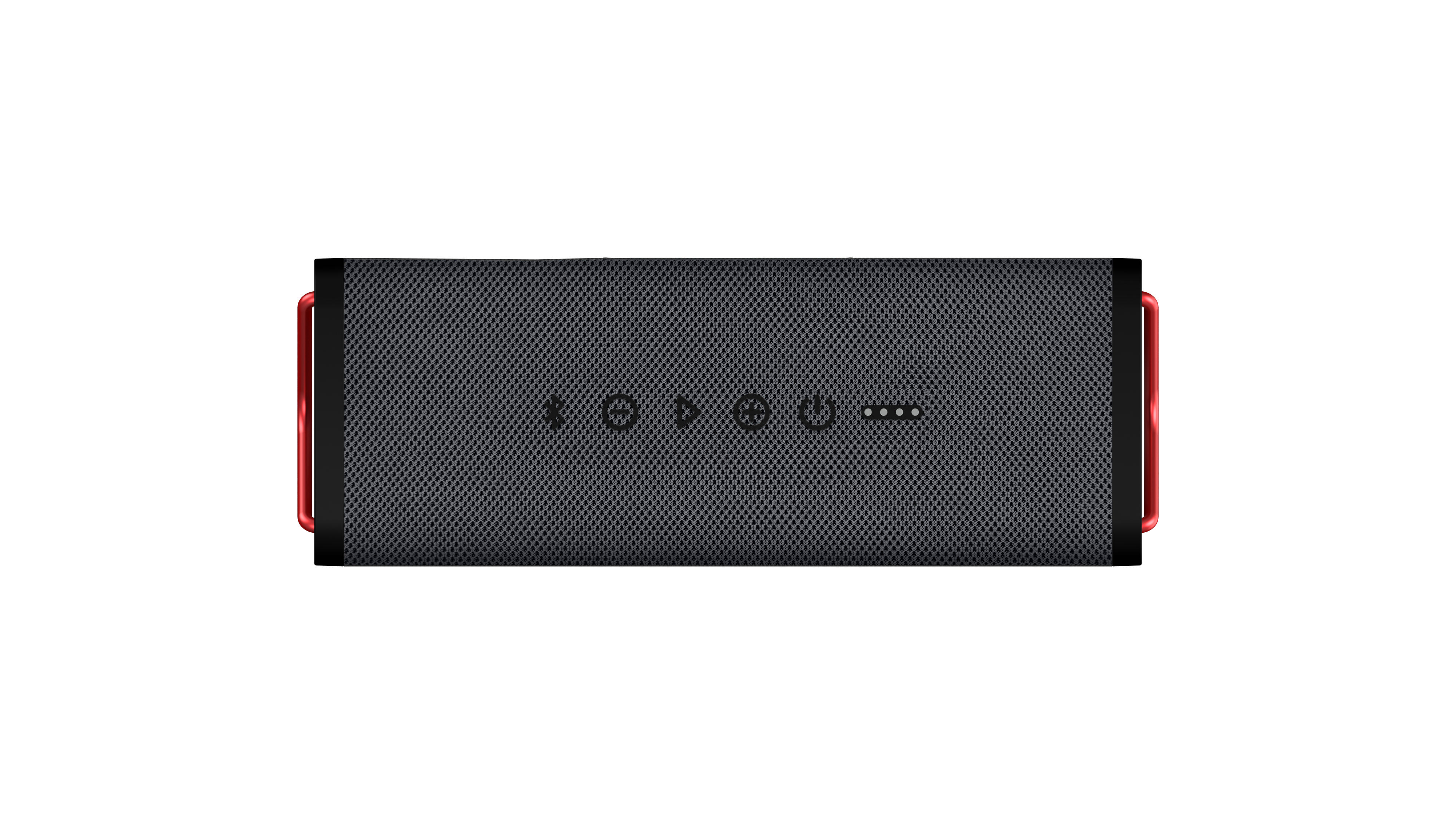 Schwarzer rechteckiger Lautsprecher mit roten Akzenten. Der Lautsprecher hat Steuertasten oben.