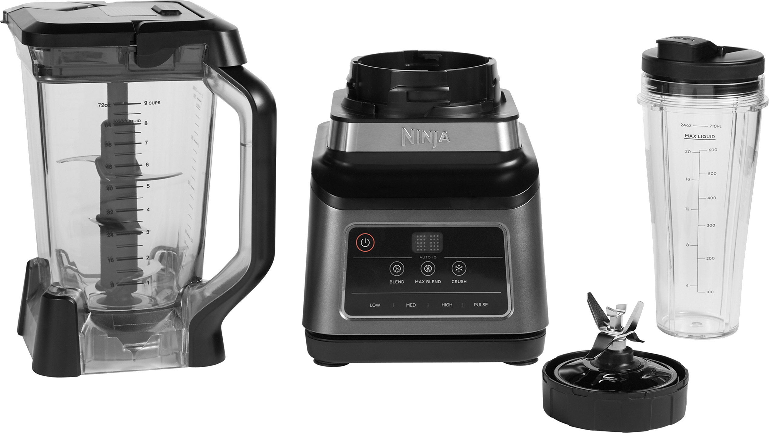 Ninja blender with a pitcher, a single-serve cup, and a blade attachment.